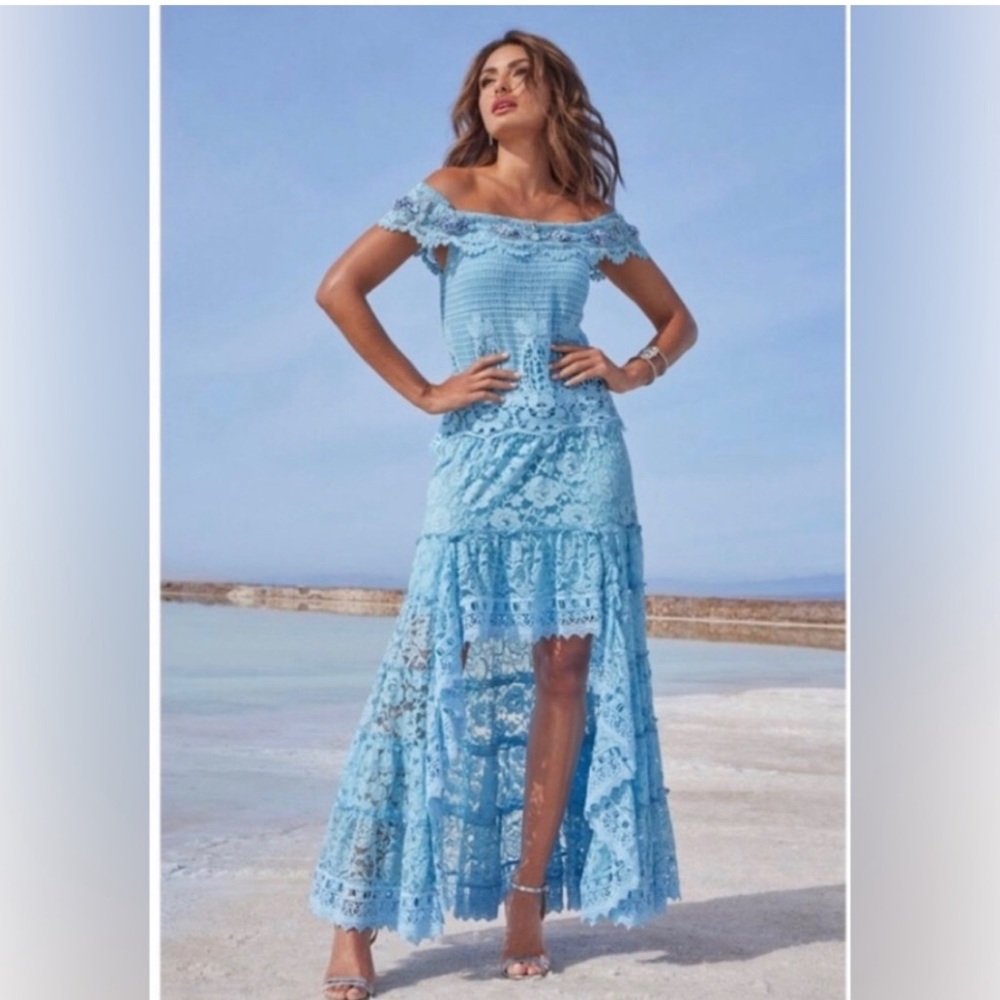 Blue Lace & Crochet High Low Dress with Beautiful Beaded off shoulder flounce